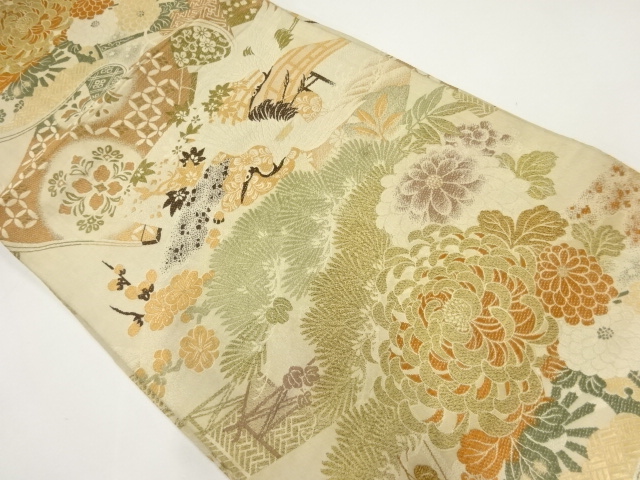 JAPANESE KIMONO / ANTIQUE MARU OBI / WOVEN CRANE WITH PINE & KIKU
